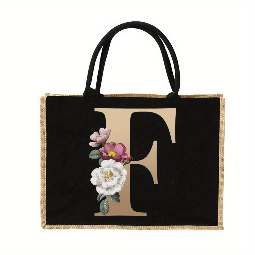 Floral Print Women's Reusable Jute Tote Bags with Golden Letters (K, M, I, N) - Large Capacity Shopping Bags, Durable S for Groceries & Shopping, Shopping Bag|Decorative Tote|Durable Handle, Tote Bag