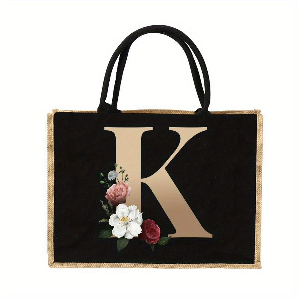 Floral Print Women's Reusable Jute Tote Bags with Golden Letters (K, M, I, N) - Large Capacity Shopping Bags, Durable S for Groceries & Shopping, Shopping Bag|Decorative Tote|Durable Handle, Tote Bag