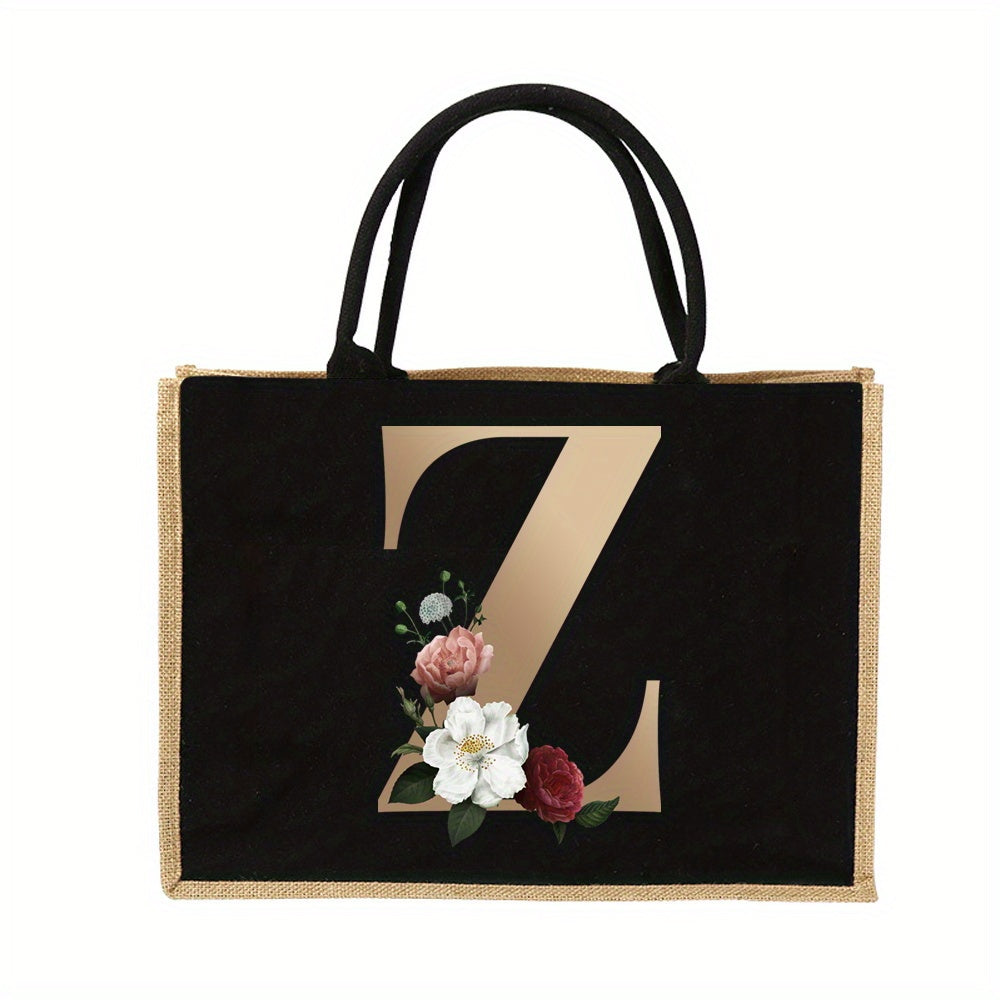 Floral Print Women's Reusable Jute Tote Bags with Golden Letters (K, M, I, N) - Large Capacity Shopping Bags, Durable S for Groceries & Shopping, Shopping Bag|Decorative Tote|Durable Handle, Tote Bag