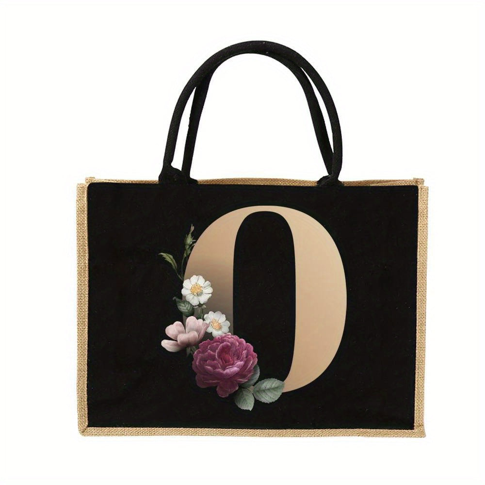 Floral Print Women's Reusable Jute Tote Bags with Golden Letters (K, M, I, N) - Large Capacity Shopping Bags, Durable S for Groceries & Shopping, Shopping Bag|Decorative Tote|Durable Handle, Tote Bag