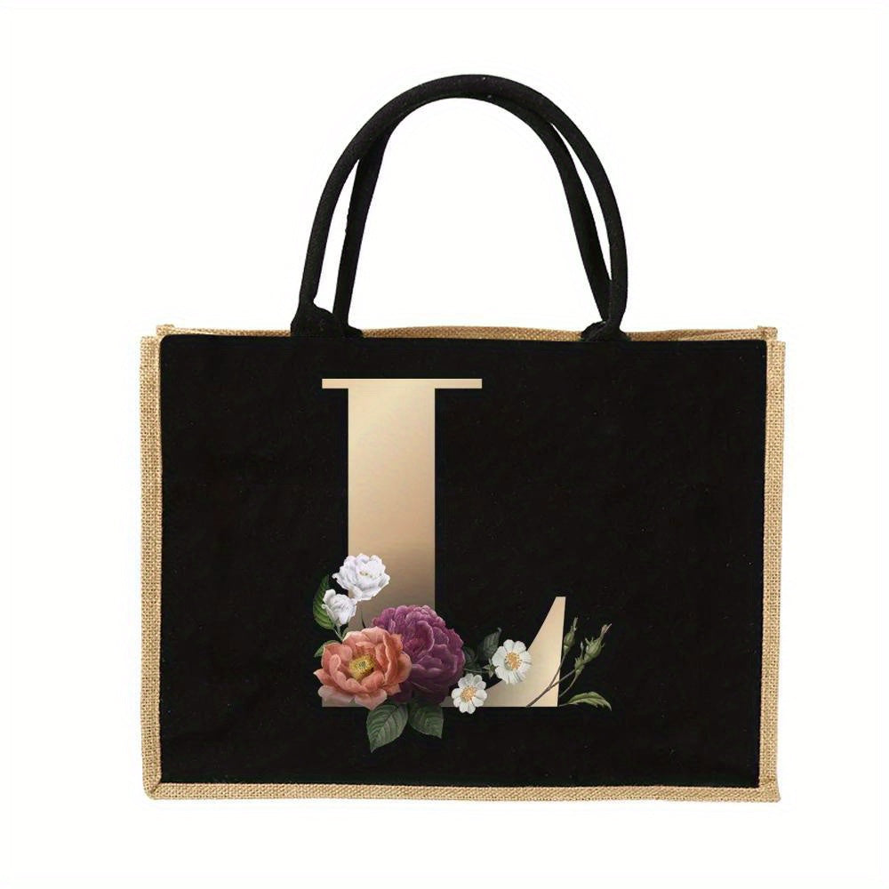Floral Print Women's Reusable Jute Tote Bags with Golden Letters (K, M, I, N) - Large Capacity Shopping Bags, Durable S for Groceries & Shopping, Shopping Bag|Decorative Tote|Durable Handle, Tote Bag