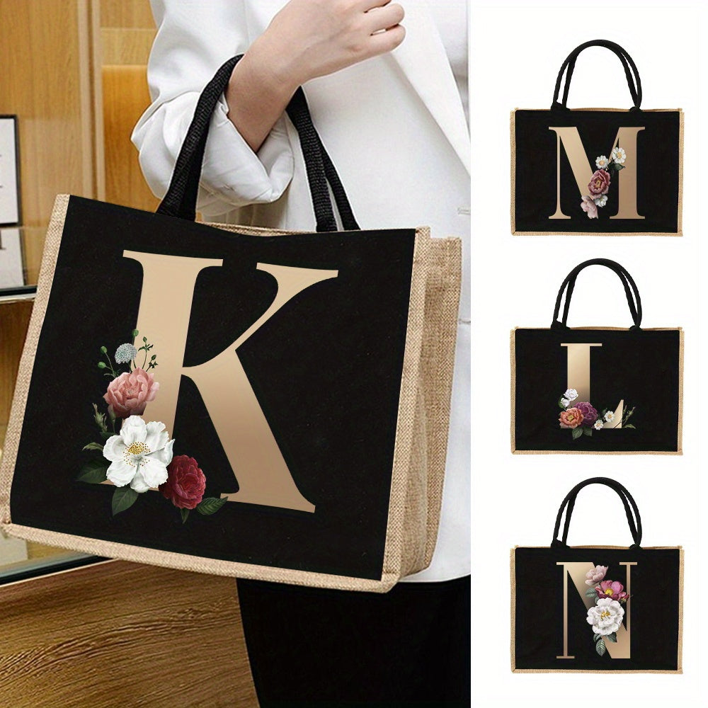 Floral Print Women's Reusable Jute Tote Bags with Golden Letters (K, M, I, N) - Large Capacity Shopping Bags, Durable S for Groceries & Shopping, Shopping Bag|Decorative Tote|Durable Handle, Tote Bag