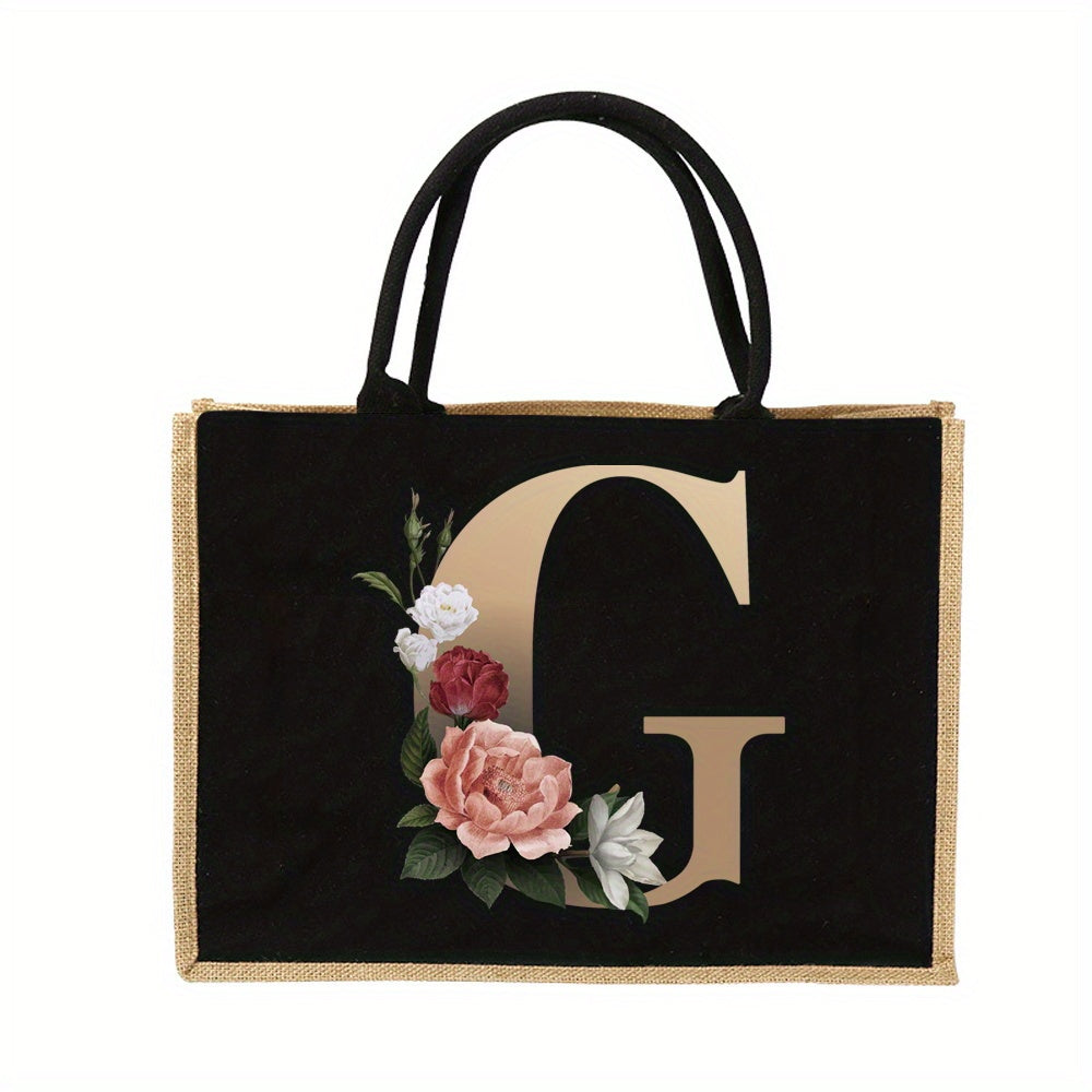 Floral Print Women's Reusable Jute Tote Bags with Golden Letters (K, M, I, N) - Large Capacity Shopping Bags, Durable S for Groceries & Shopping, Shopping Bag|Decorative Tote|Durable Handle, Tote Bag