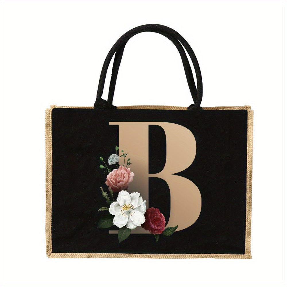 Floral Print Women's Reusable Jute Tote Bags with Golden Letters (K, M, I, N) - Large Capacity Shopping Bags, Durable S for Groceries & Shopping, Shopping Bag|Decorative Tote|Durable Handle, Tote Bag