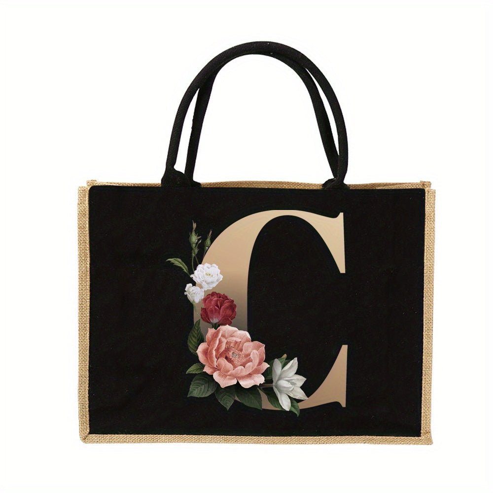 Floral Print Women's Reusable Jute Tote Bags with Golden Letters (K, M, I, N) - Large Capacity Shopping Bags, Durable S for Groceries & Shopping, Shopping Bag|Decorative Tote|Durable Handle, Tote Bag