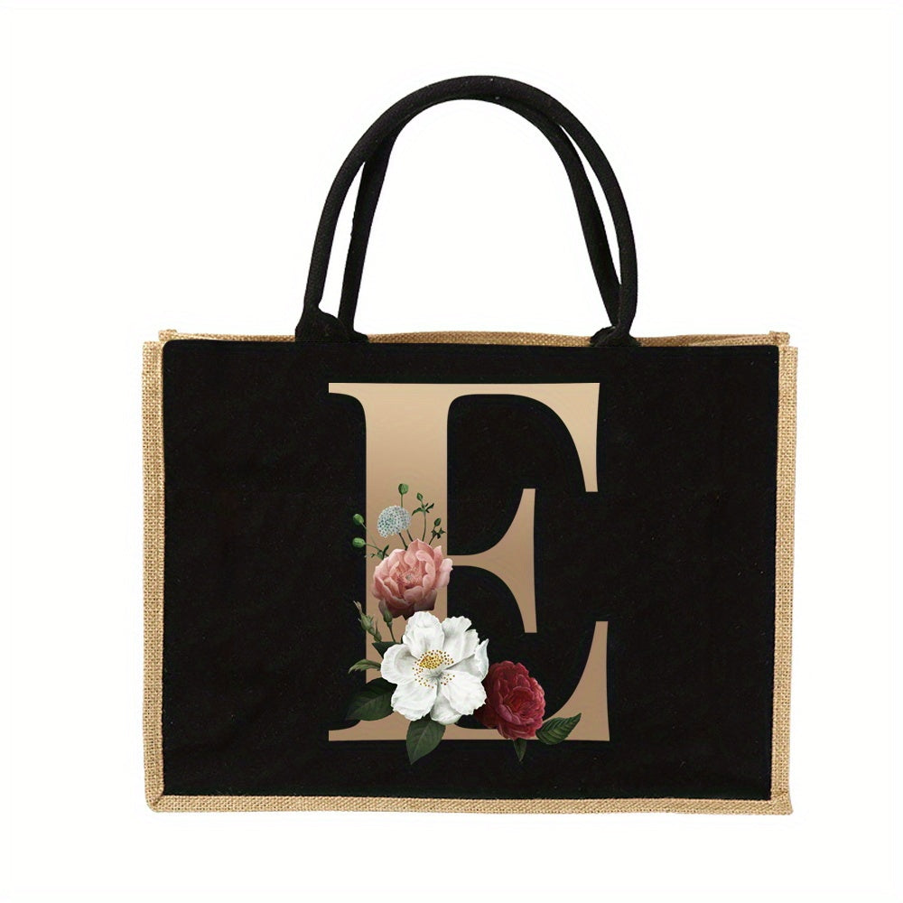 Floral Print Women's Reusable Jute Tote Bags with Golden Letters (K, M, I, N) - Large Capacity Shopping Bags, Durable S for Groceries & Shopping, Shopping Bag|Decorative Tote|Durable Handle, Tote Bag