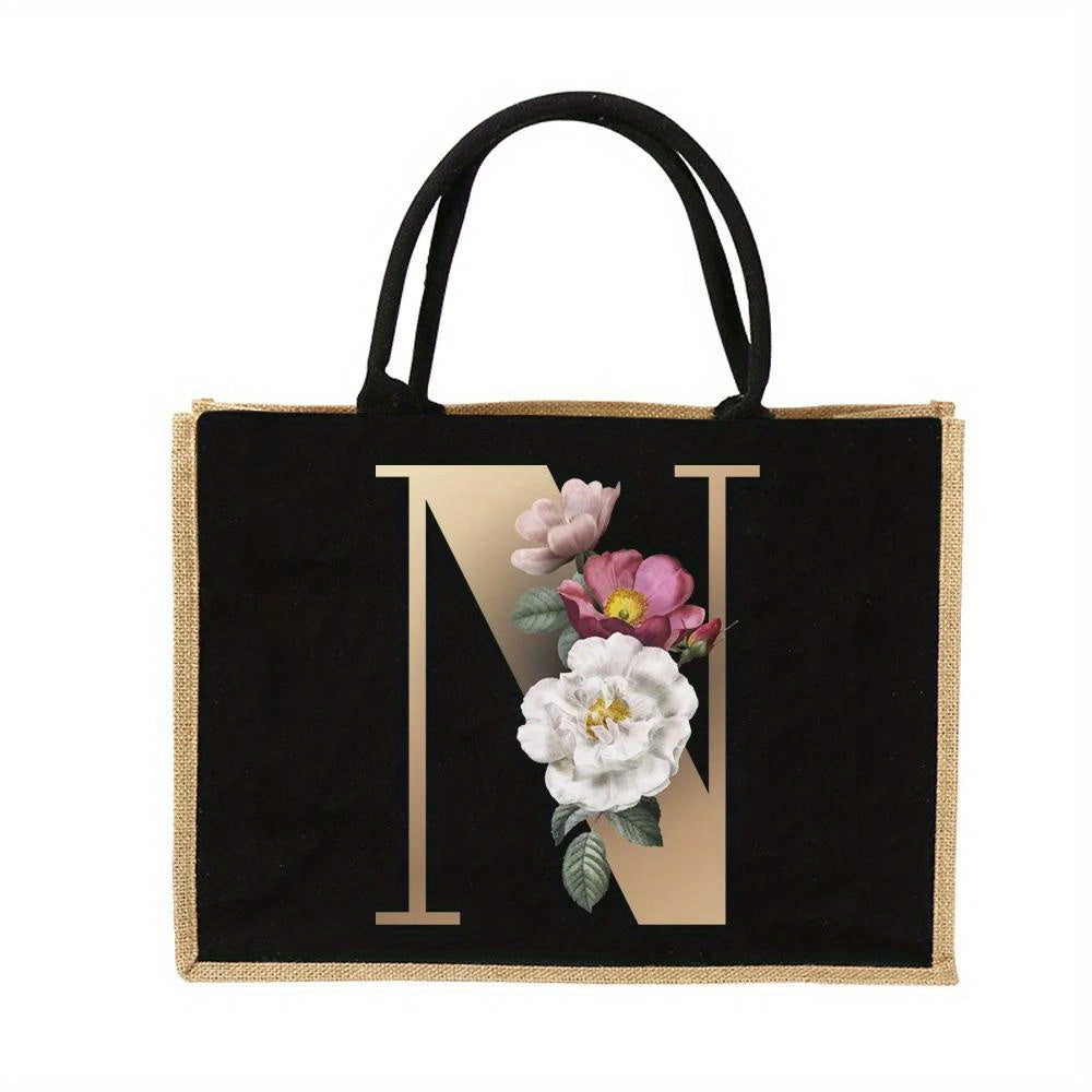 Floral Print Women's Reusable Jute Tote Bags with Golden Letters (K, M, I, N) - Large Capacity Shopping Bags, Durable S for Groceries & Shopping, Shopping Bag|Decorative Tote|Durable Handle, Tote Bag