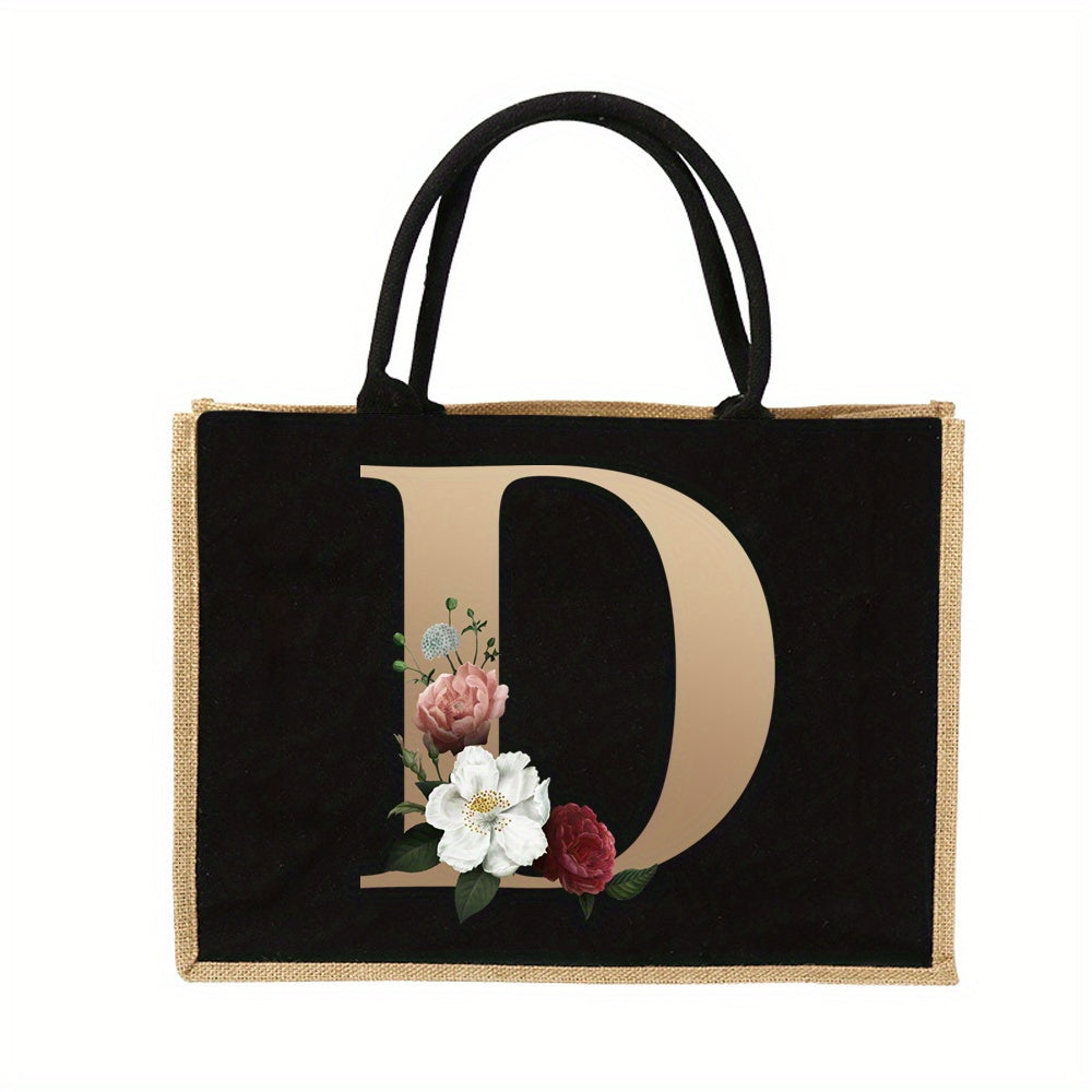 Floral Print Women's Reusable Jute Tote Bags with Golden Letters (K, M, I, N) - Large Capacity Shopping Bags, Durable S for Groceries & Shopping, Shopping Bag|Decorative Tote|Durable Handle, Tote Bag