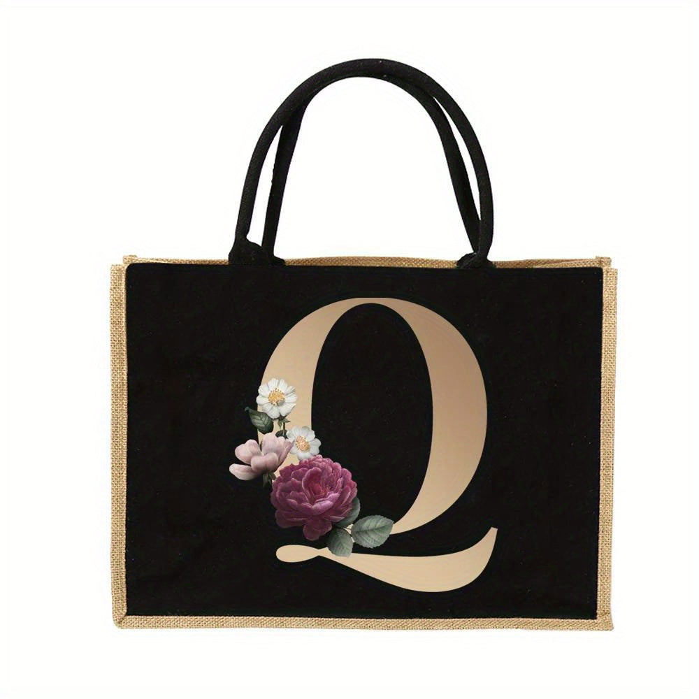 Floral Print Women's Reusable Jute Tote Bags with Golden Letters (K, M, I, N) - Large Capacity Shopping Bags, Durable S for Groceries & Shopping, Shopping Bag|Decorative Tote|Durable Handle, Tote Bag