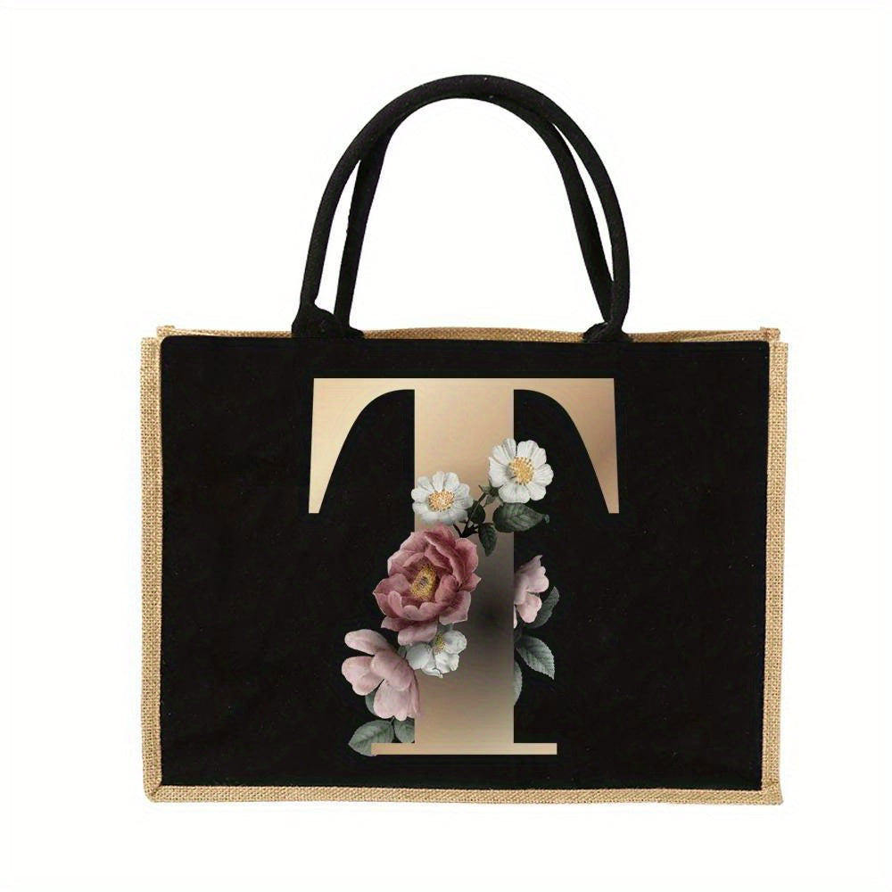 Floral Print Women's Reusable Jute Tote Bags with Golden Letters (K, M, I, N) - Large Capacity Shopping Bags, Durable S for Groceries & Shopping, Shopping Bag|Decorative Tote|Durable Handle, Tote Bag
