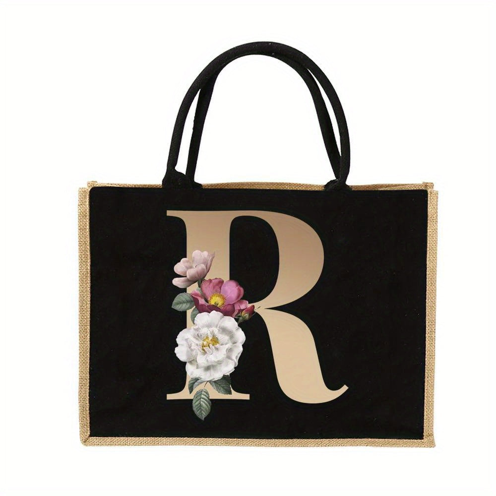 Floral Print Women's Reusable Jute Tote Bags with Golden Letters (K, M, I, N) - Large Capacity Shopping Bags, Durable S for Groceries & Shopping, Shopping Bag|Decorative Tote|Durable Handle, Tote Bag