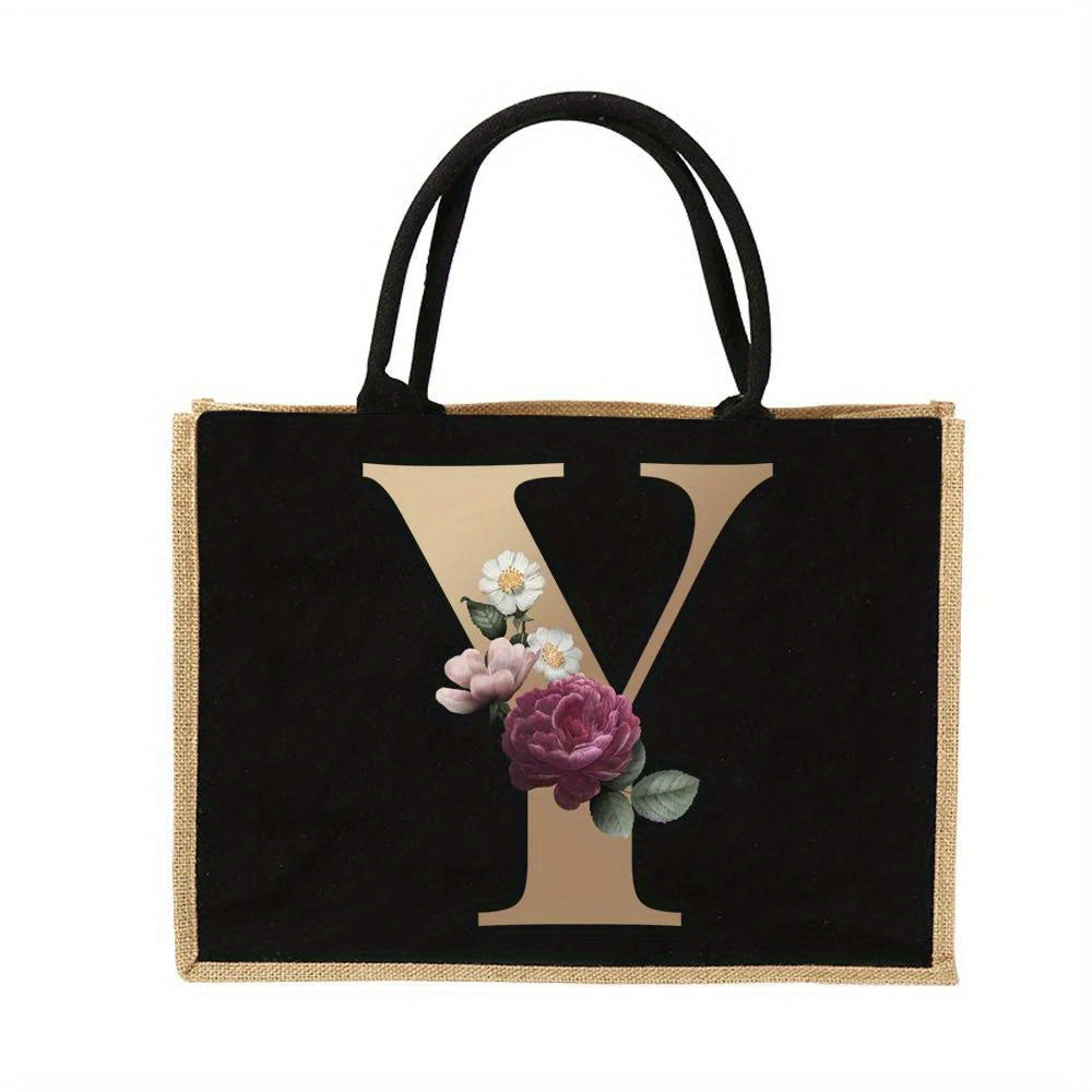 Floral Print Women's Reusable Jute Tote Bags with Golden Letters (K, M, I, N) - Large Capacity Shopping Bags, Durable S for Groceries & Shopping, Shopping Bag|Decorative Tote|Durable Handle, Tote Bag