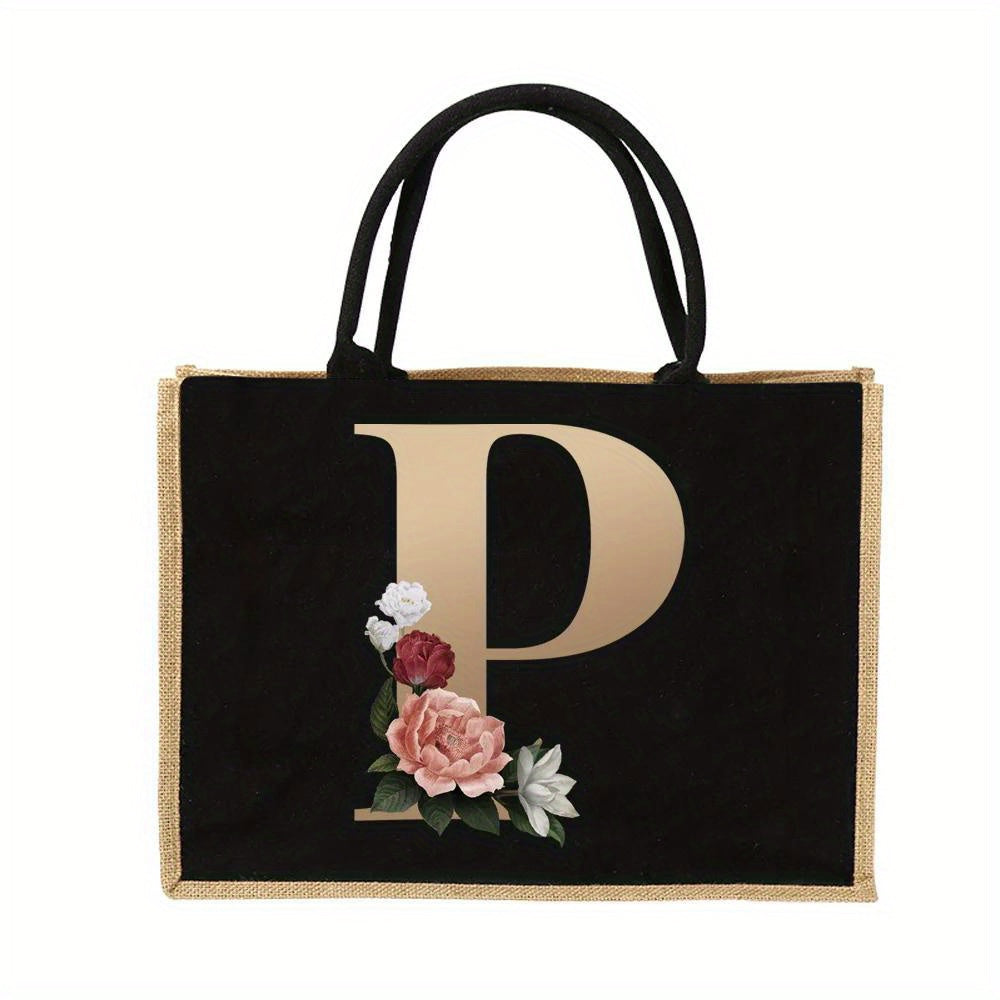 Floral Print Women's Reusable Jute Tote Bags with Golden Letters (K, M, I, N) - Large Capacity Shopping Bags, Durable S for Groceries & Shopping, Shopping Bag|Decorative Tote|Durable Handle, Tote Bag