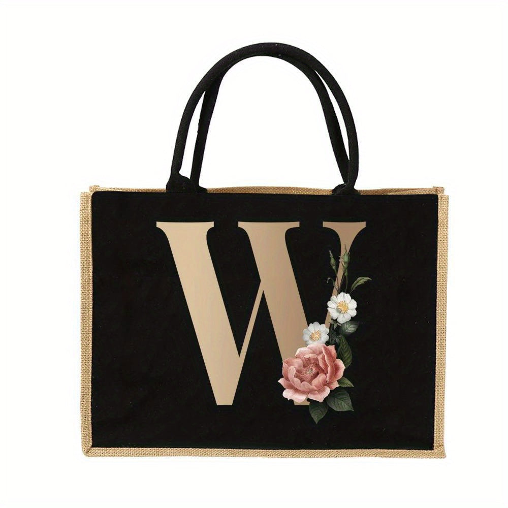 Floral Print Women's Reusable Jute Tote Bags with Golden Letters (K, M, I, N) - Large Capacity Shopping Bags, Durable S for Groceries & Shopping, Shopping Bag|Decorative Tote|Durable Handle, Tote Bag