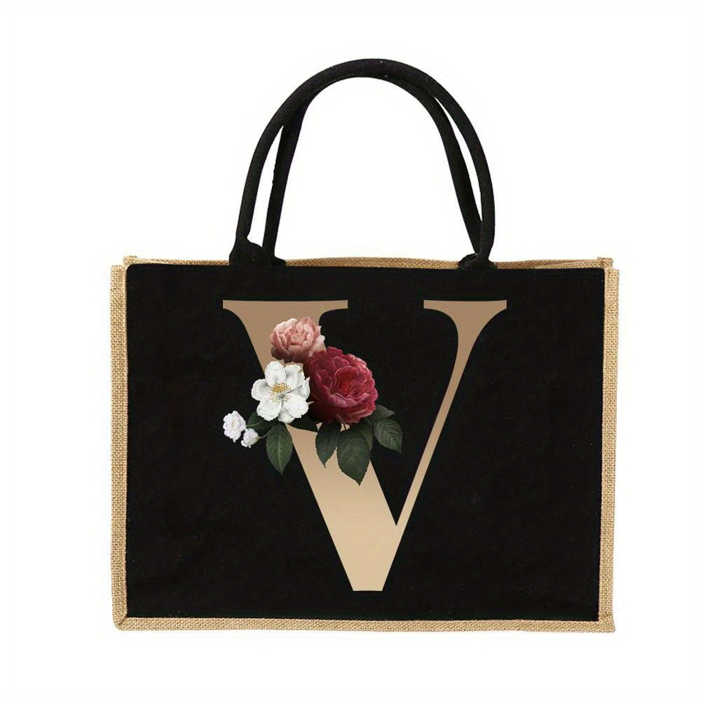 Floral Print Women's Reusable Jute Tote Bags with Golden Letters (K, M, I, N) - Large Capacity Shopping Bags, Durable S for Groceries & Shopping, Shopping Bag|Decorative Tote|Durable Handle, Tote Bag