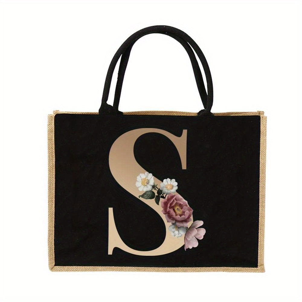 Floral Print Women's Reusable Jute Tote Bags with Golden Letters (K, M, I, N) - Large Capacity Shopping Bags, Durable S for Groceries & Shopping, Shopping Bag|Decorative Tote|Durable Handle, Tote Bag
