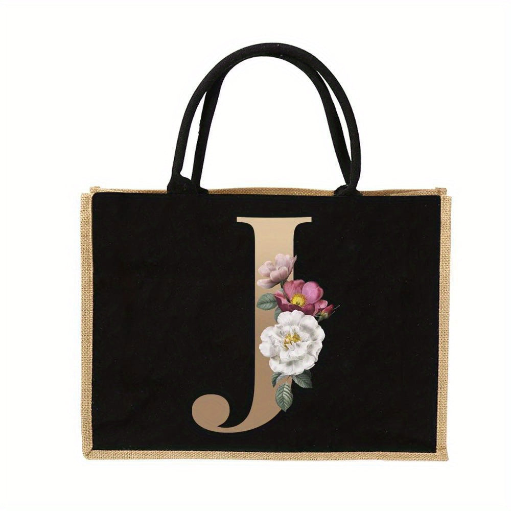 Floral Print Women's Reusable Jute Tote Bags with Golden Letters (K, M, I, N) - Large Capacity Shopping Bags, Durable S for Groceries & Shopping, Shopping Bag|Decorative Tote|Durable Handle, Tote Bag