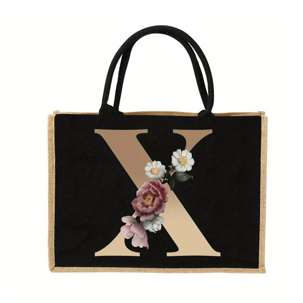 Floral Print Women's Reusable Jute Tote Bags with Golden Letters (K, M, I, N) - Large Capacity Shopping Bags, Durable S for Groceries & Shopping, Shopping Bag|Decorative Tote|Durable Handle, Tote Bag