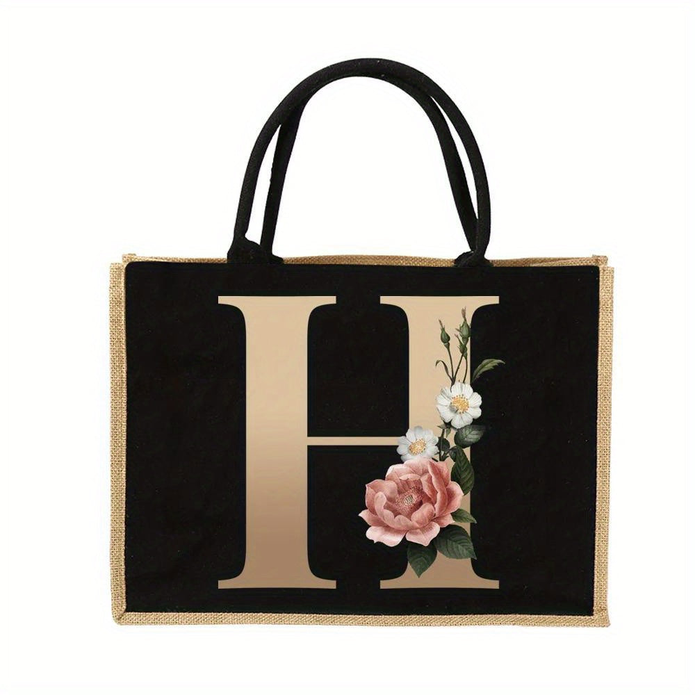 Floral Print Women's Reusable Jute Tote Bags with Golden Letters (K, M, I, N) - Large Capacity Shopping Bags, Durable S for Groceries & Shopping, Shopping Bag|Decorative Tote|Durable Handle, Tote Bag