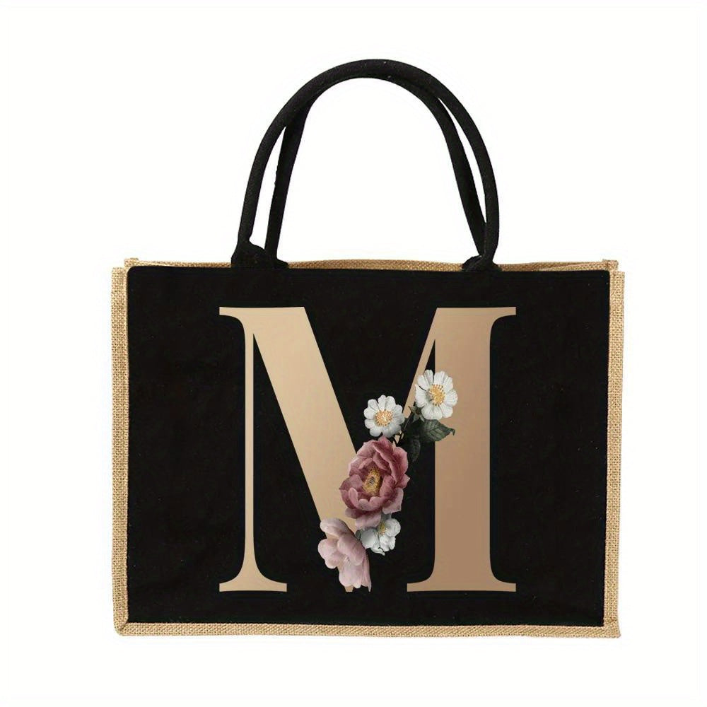 Floral Print Women's Reusable Jute Tote Bags with Golden Letters (K, M, I, N) - Large Capacity Shopping Bags, Durable S for Groceries & Shopping, Shopping Bag|Decorative Tote|Durable Handle, Tote Bag