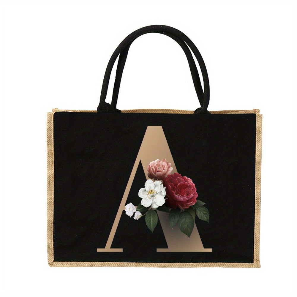 Floral Print Women's Reusable Jute Tote Bags with Golden Letters (K, M, I, N) - Large Capacity Shopping Bags, Durable S for Groceries & Shopping, Shopping Bag|Decorative Tote|Durable Handle, Tote Bag