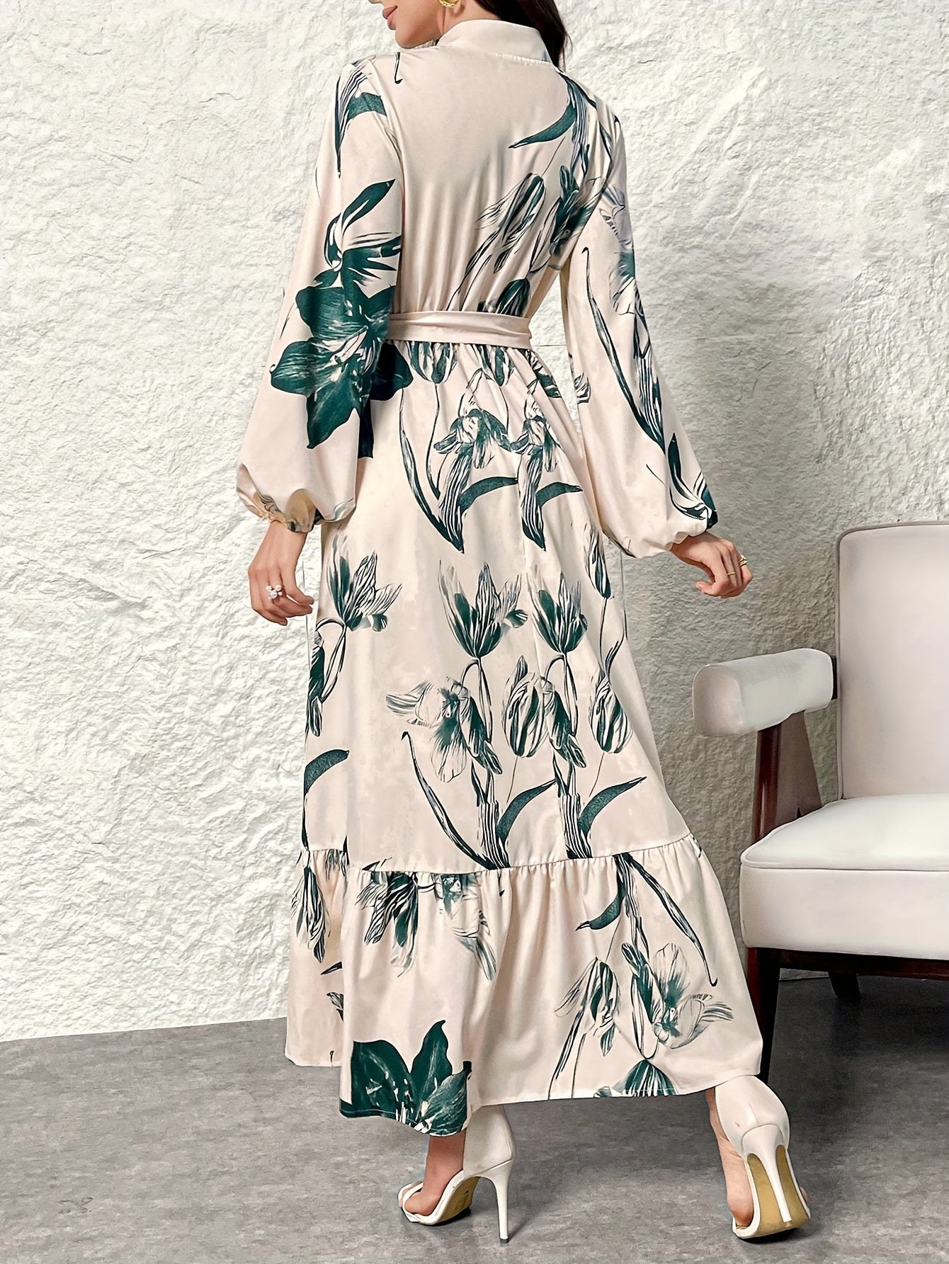 Elegant Floral Print Maxi Dress with Stand Collar - Polyester, Machine Washable, Non-Sheer - Perfect for All Seasons, Women's Fashion Kaftan Style