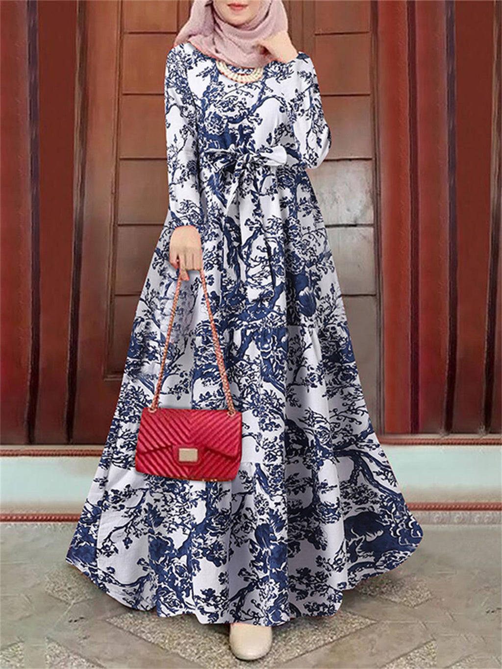 Allover Print Belted Modest Dress, Elegant Long Sleeve Ruffle Hem Aline Maxi Dress, Women's Clothing