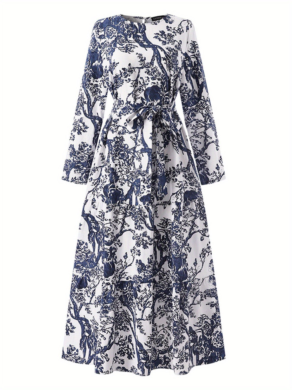 Allover Print Belted Modest Dress, Elegant Long Sleeve Ruffle Hem Aline Maxi Dress, Women's Clothing