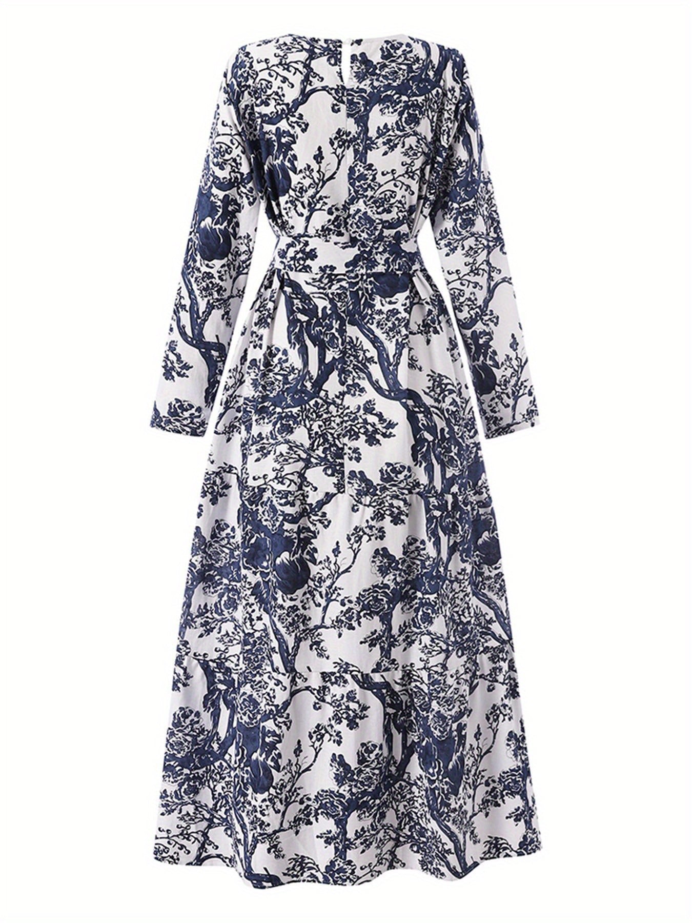 Allover Print Belted Modest Dress, Elegant Long Sleeve Ruffle Hem Aline Maxi Dress, Women's Clothing