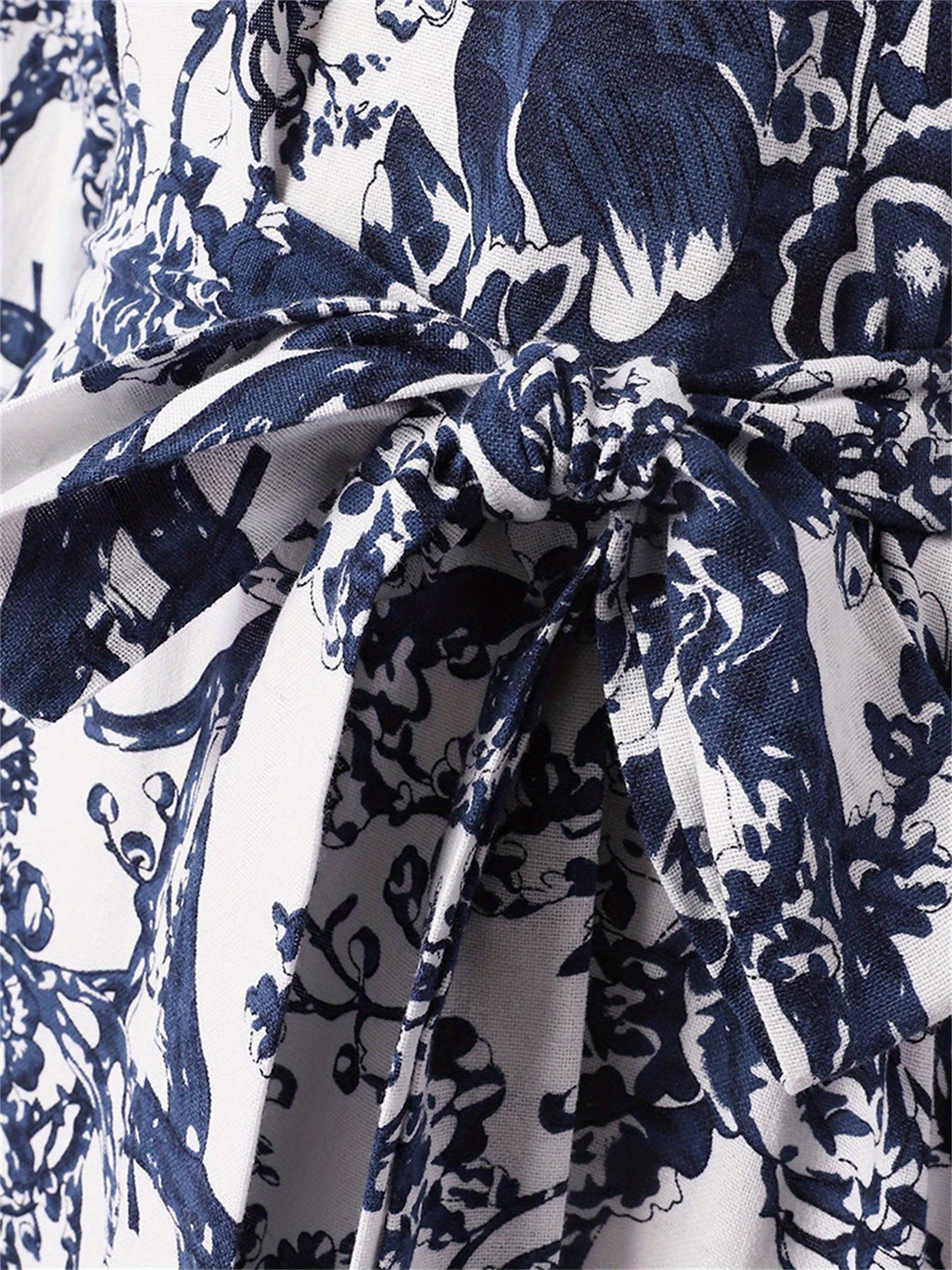 Allover Print Belted Modest Dress, Elegant Long Sleeve Ruffle Hem Aline Maxi Dress, Women's Clothing
