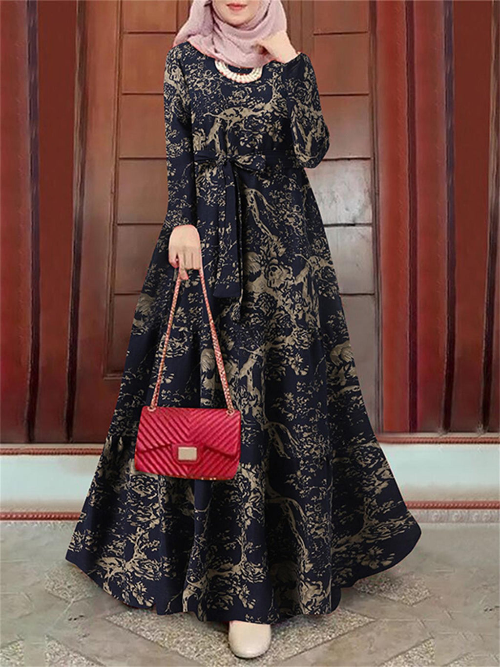 Allover Print Belted Modest Dress, Elegant Long Sleeve Ruffle Hem Aline Maxi Dress, Women's Clothing