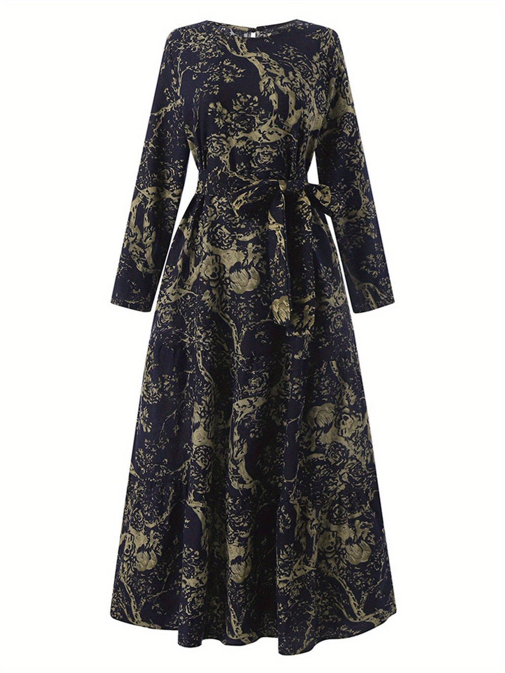 Allover Print Belted Modest Dress, Elegant Long Sleeve Ruffle Hem Aline Maxi Dress, Women's Clothing