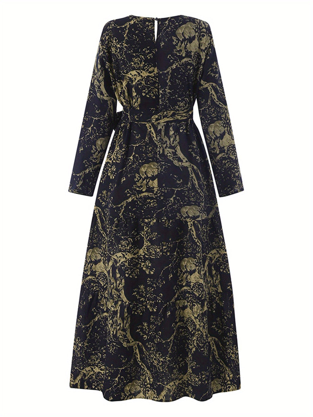 Allover Print Belted Modest Dress, Elegant Long Sleeve Ruffle Hem Aline Maxi Dress, Women's Clothing