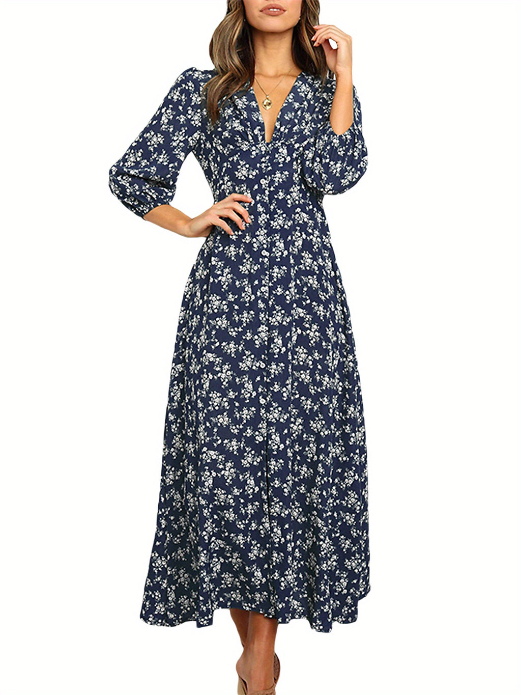 Women 3/4 Sleeve Maxi Dress Button-Down Floral Print Dress V-Neck Casual High Waist Boho Dress