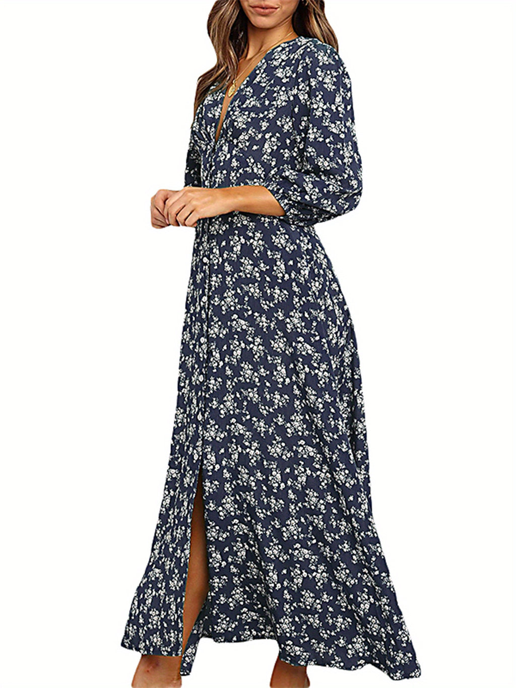 Women 3/4 Sleeve Maxi Dress Button-Down Floral Print Dress V-Neck Casual High Waist Boho Dress