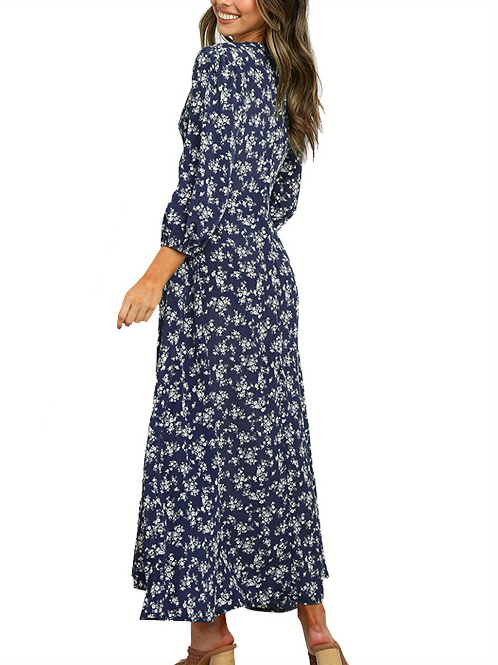 Women 3/4 Sleeve Maxi Dress Button-Down Floral Print Dress V-Neck Casual High Waist Boho Dress