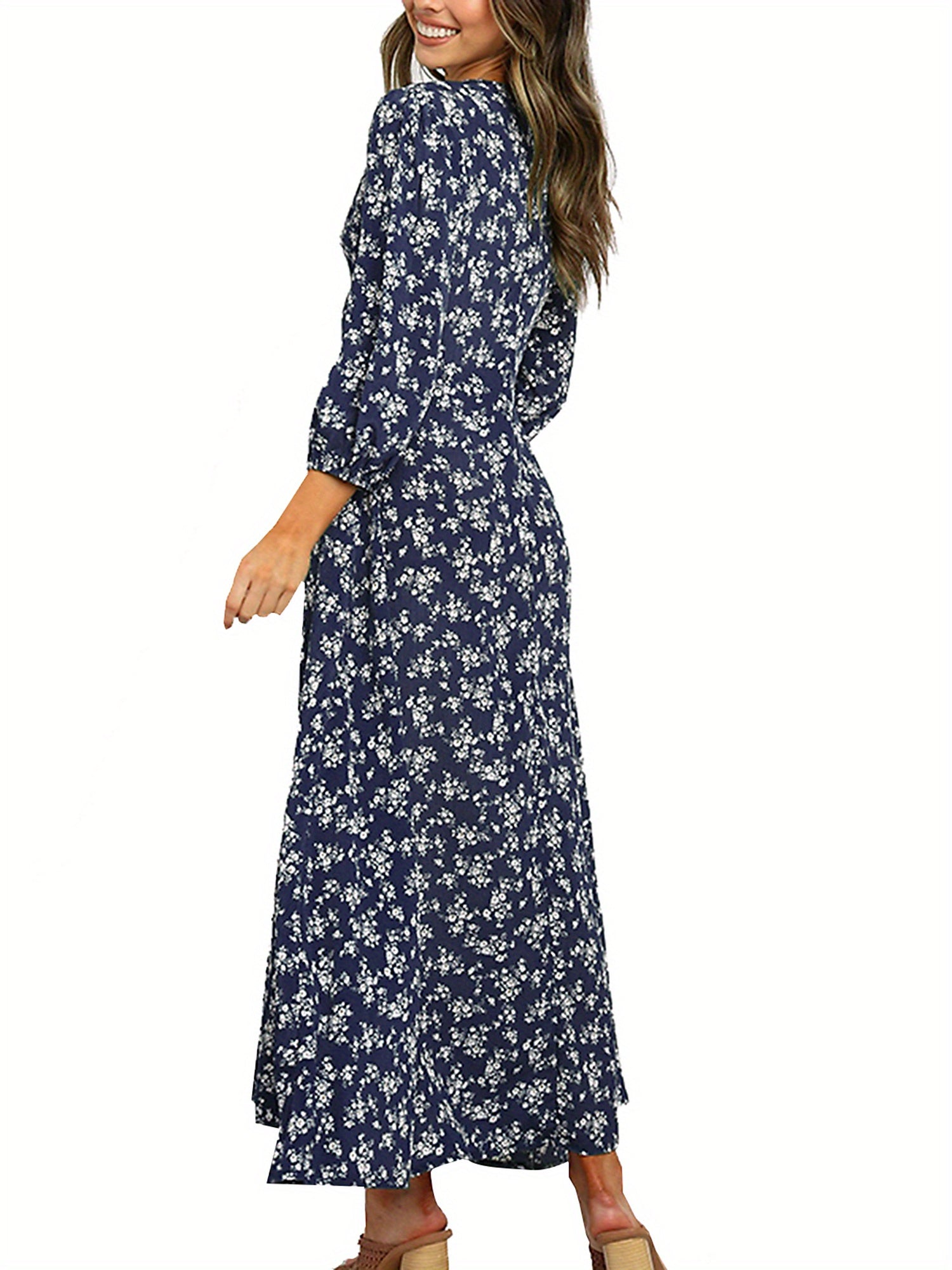 Women 3/4 Sleeve Maxi Dress Button-Down Floral Print Dress V-Neck Casual High Waist Boho Dress