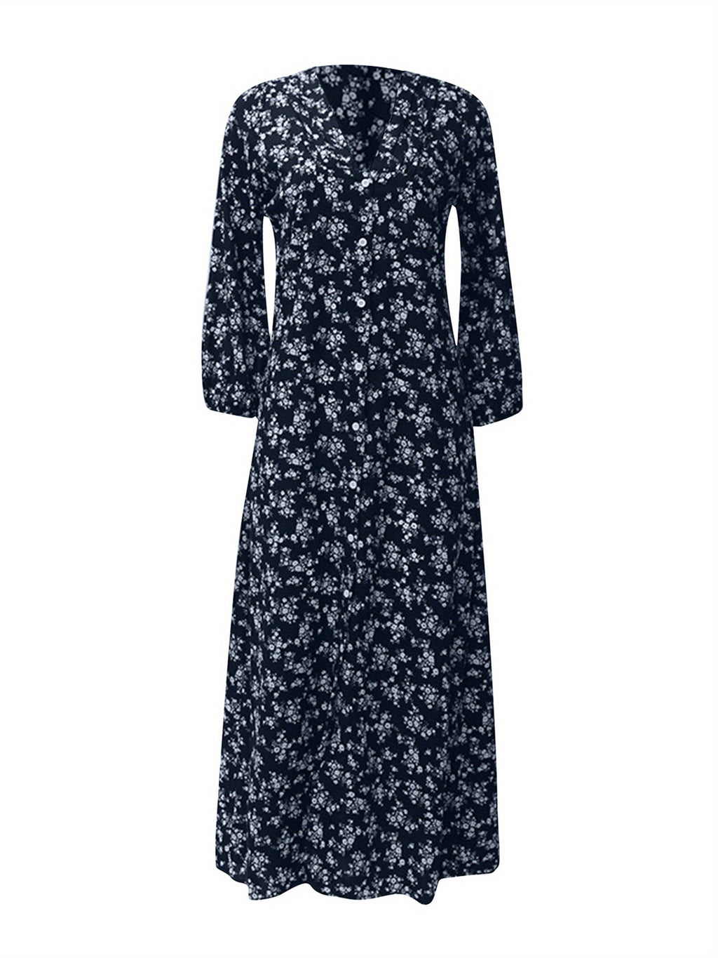 Women 3/4 Sleeve Maxi Dress Button-Down Floral Print Dress V-Neck Casual High Waist Boho Dress