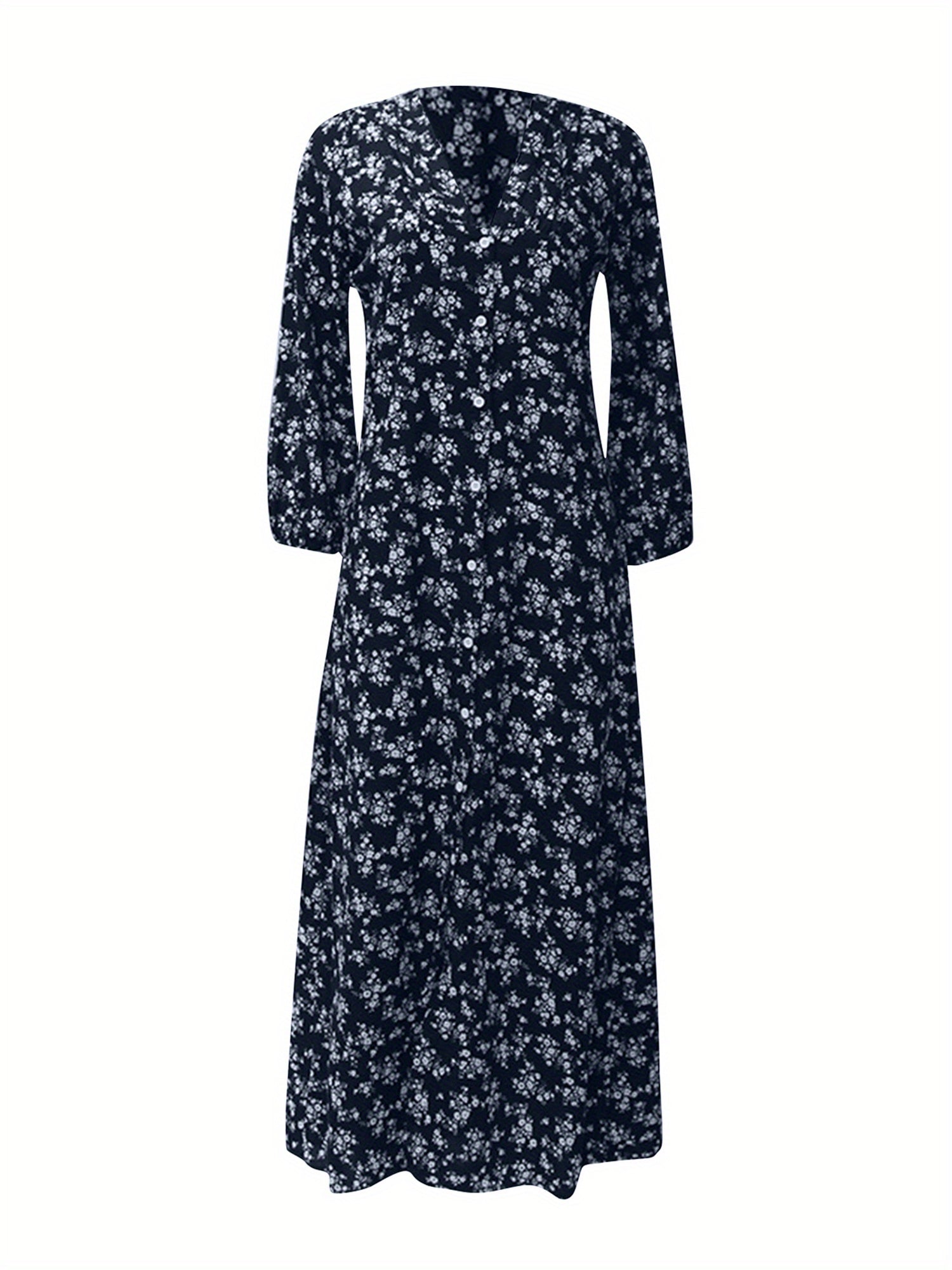 Women 3/4 Sleeve Maxi Dress Button-Down Floral Print Dress V-Neck Casual High Waist Boho Dress