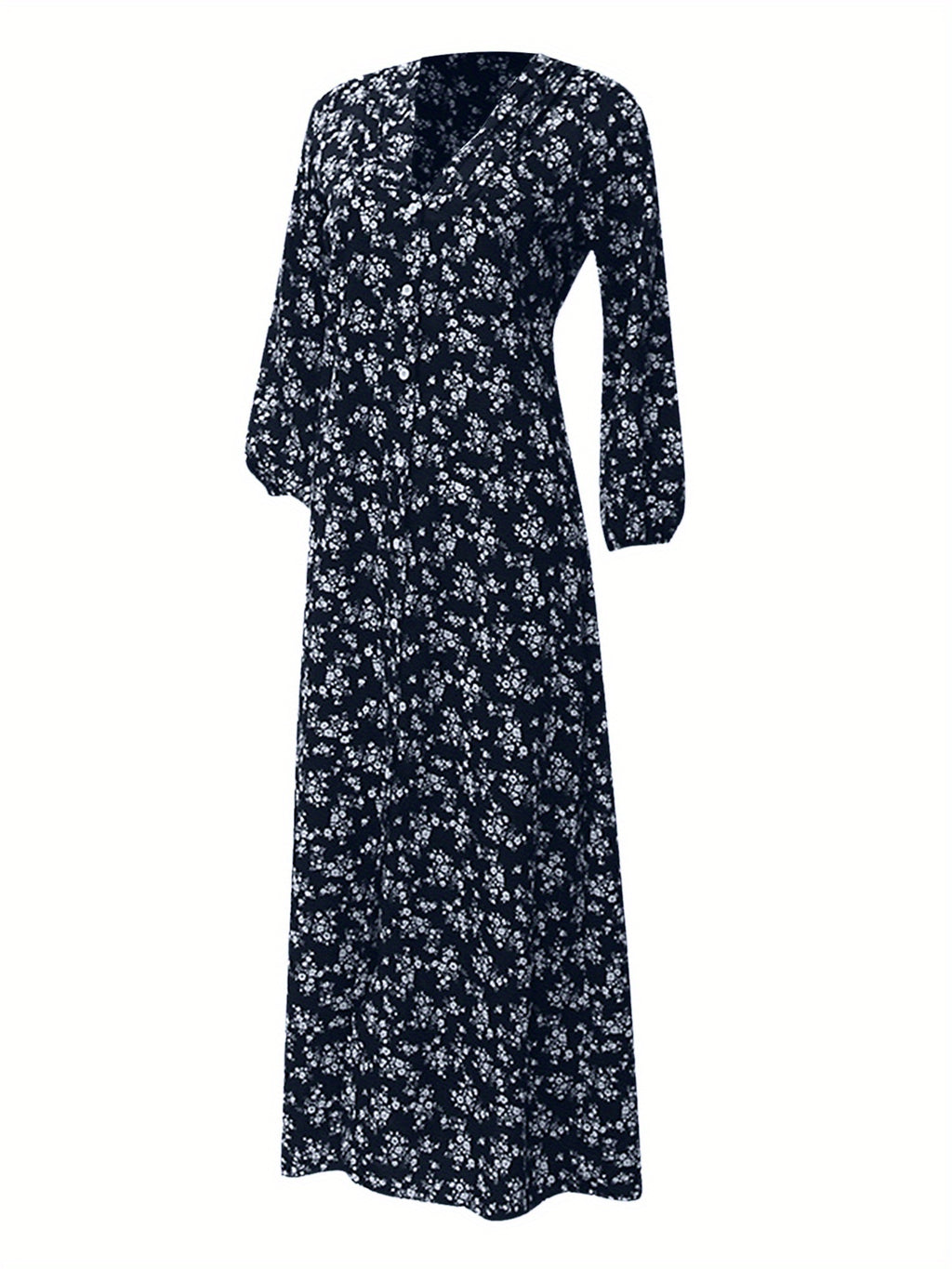 Women 3/4 Sleeve Maxi Dress Button-Down Floral Print Dress V-Neck Casual High Waist Boho Dress