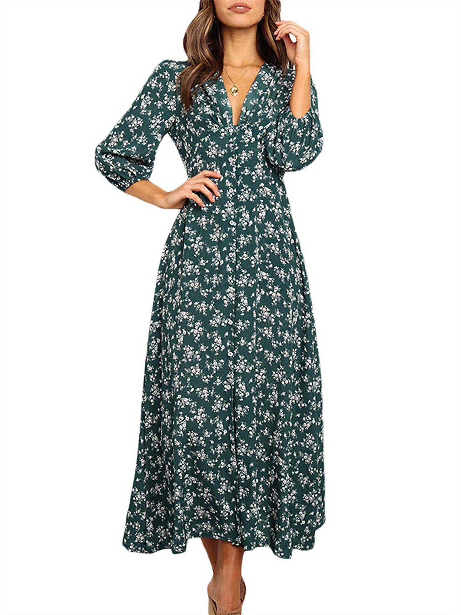 Women 3/4 Sleeve Maxi Dress Button-Down Floral Print Dress V-Neck Casual High Waist Boho Dress