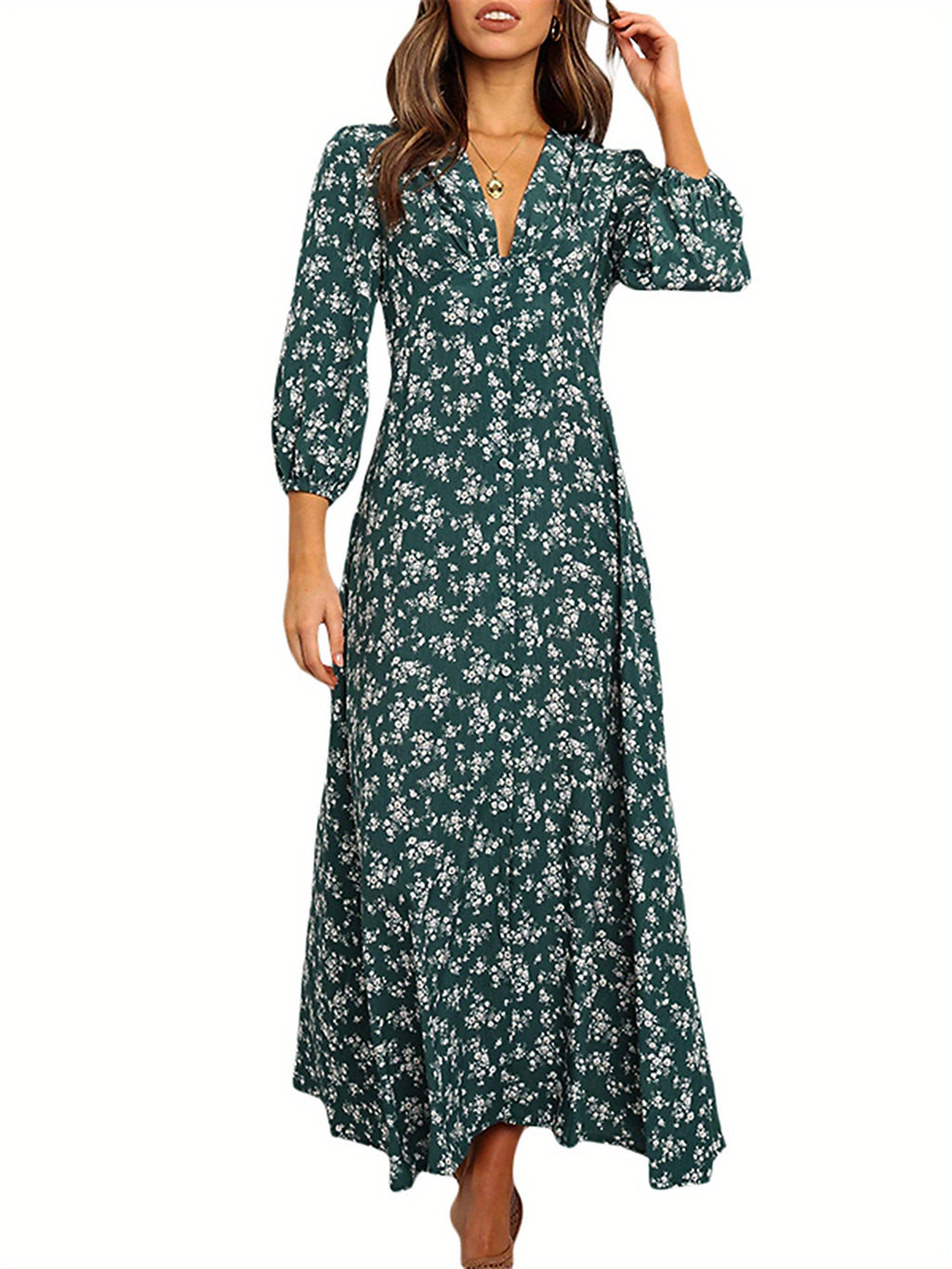 Women 3/4 Sleeve Maxi Dress Button-Down Floral Print Dress V-Neck Casual High Waist Boho Dress