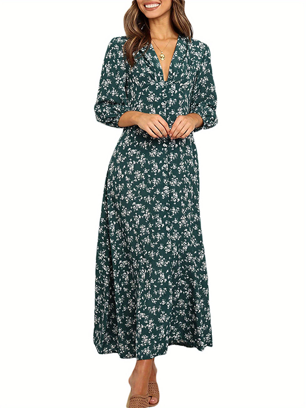 Women 3/4 Sleeve Maxi Dress Button-Down Floral Print Dress V-Neck Casual High Waist Boho Dress