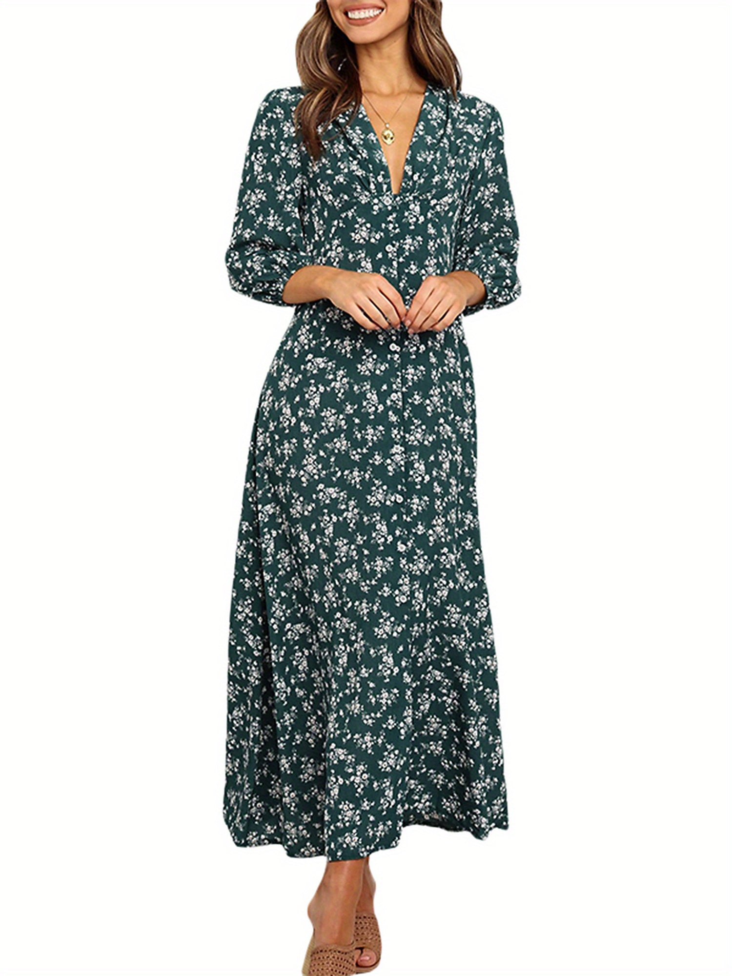 Women 3/4 Sleeve Maxi Dress Button-Down Floral Print Dress V-Neck Casual High Waist Boho Dress