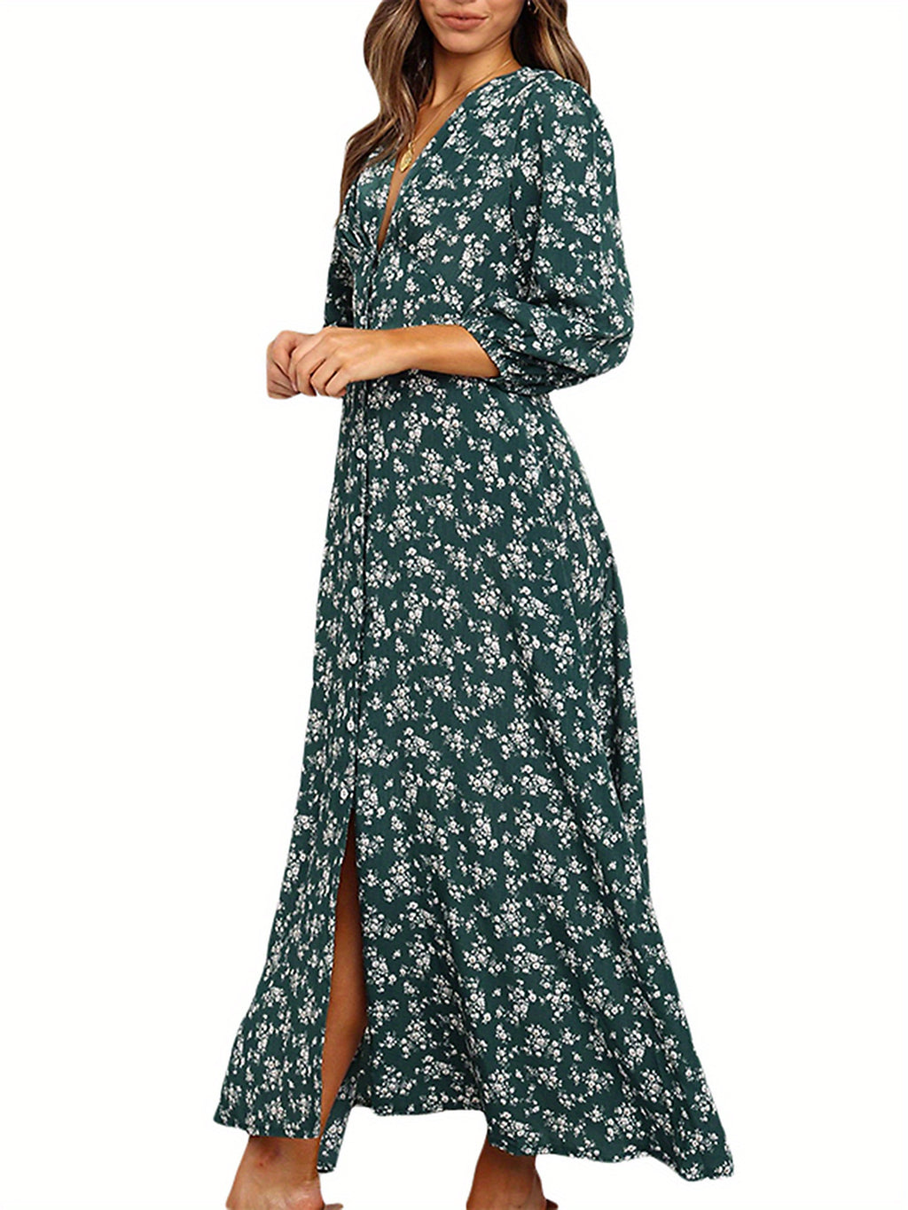 Women 3/4 Sleeve Maxi Dress Button-Down Floral Print Dress V-Neck Casual High Waist Boho Dress
