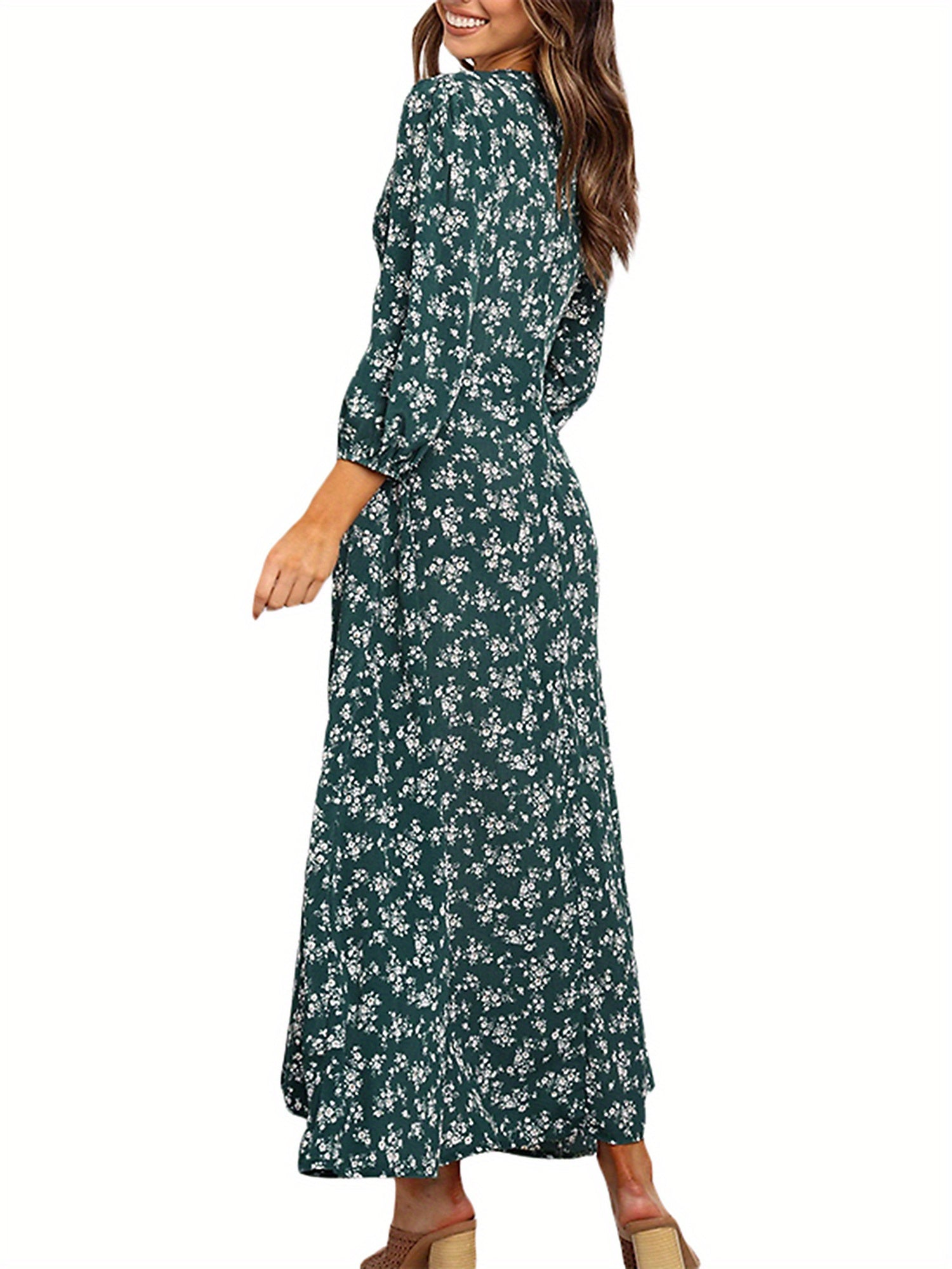 Women 3/4 Sleeve Maxi Dress Button-Down Floral Print Dress V-Neck Casual High Waist Boho Dress