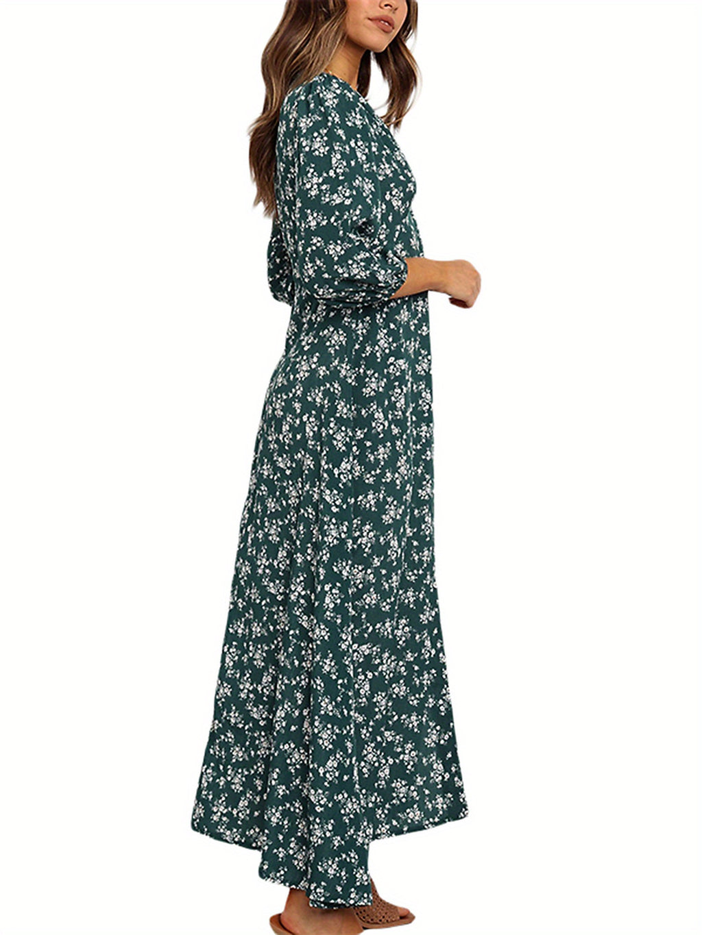 Women 3/4 Sleeve Maxi Dress Button-Down Floral Print Dress V-Neck Casual High Waist Boho Dress