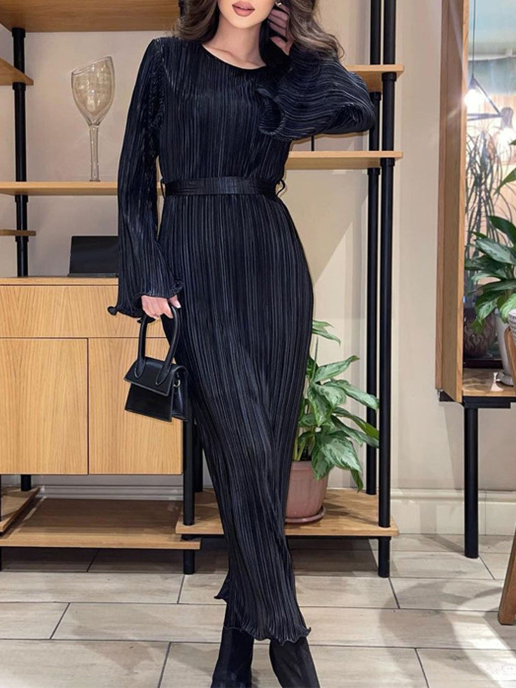 Crew Neck Plain Color Maxi Dress, Elegant Long Sleeve Dress For Spring & Fall, Women's Clothing