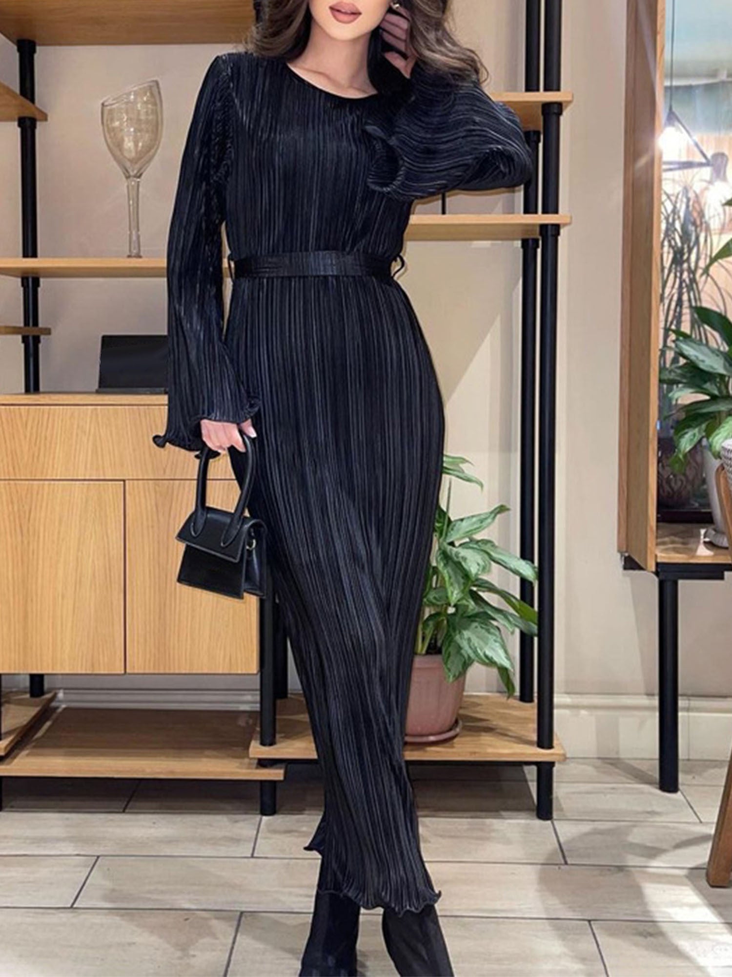 Crew Neck Plain Color Maxi Dress, Elegant Long Sleeve Dress For Spring & Fall, Women's Clothing