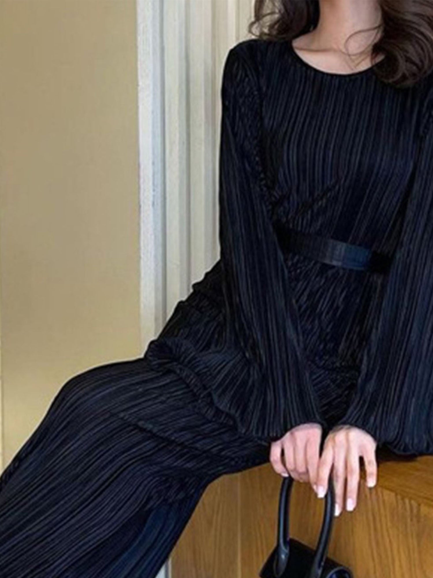 Crew Neck Plain Color Maxi Dress, Elegant Long Sleeve Dress For Spring & Fall, Women's Clothing